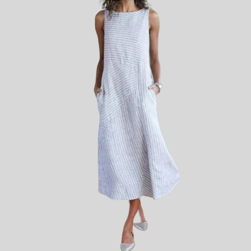 🆕White Linen Maxi Tank Dress Sleeveless Pockets Dark Gray Pinstripe High Collar